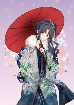 1girl :d absurdres alternate_costume alternate_hairstyle awa_subaru black_hair blue_kimono blush curly_hair floral_print flower girls_band_cry hair_bun hair_flower hair_ornament highres holding holding_umbrella japanese_clothes kimono long_hair long_sleeves looking_at_viewer migolu nuoweisenlin_tongren_gongzuoshi obi oil-paper_umbrella open_mouth parted_bangs print_kimono purple_eyes red_umbrella sash side_ponytail single_hair_bun smile solo standing subaru_(brand) umbrella wide_sleeves