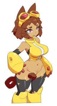 1girl animal_ears black_bodysuit bodysuit boots breasts brown_hair cat_ears cat_girl cat_tail convenient_censoring dark-skinned_female dark_skin dress furry furry_female gameoverse goggles goggles_on_head groin highres kit_bodega large_breasts navel neamosub red_eyes short_hair sweat tail torn_bodysuit torn_clothes whiskers wide_hips yellow_boots yellow_dress yellow_gauntlets