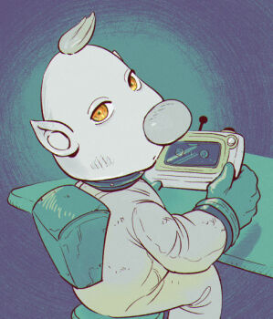 Rule 34 | 1boy, :o, aqua background, aqua gloves, aqua theme, asaikaina, backpack, bag, big nose, blonde hair, blue background, calling, chromatic aberration, expressionless, feet out of frame, gloves, holding, holding tablet pc, koppad, light blush, looking at viewer, looking back, louie (pikmin), nintendo, no headwear, on stool, orange eyes, parted lips, pikmin (series), pikmin 3, pointy ears, shadow, short hair, sitting, solo, spacesuit, table, tablet pc, unusually open eyes, very short hair