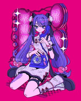 1girl antique_phone arm_tattoo black_bow black_shoes blush bow bracelet bun_cover china_dress chinese_clothes closed_mouth commentary detached_sleeves dress earrings full_body hair_between_eyes hair_bow hair_bun highres holding holding_phone hoop_earrings jewelry leg_warmers looking_at_viewer nakazawa_ayami neon_lights neon_palette original phone pink_background pink_nails purple_eyes purple_hair ring rotary_phone shoes short_eyebrows short_sleeves simple_background sitting solo tattoo twintails wariza