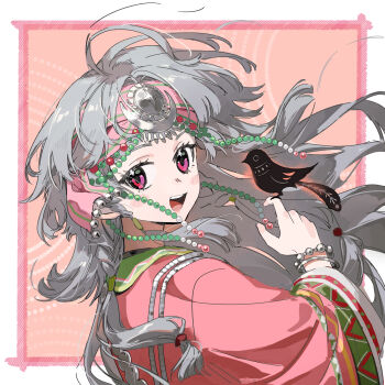 1girl :d bird bird_on_hand black_bird border chinese_commentary commentary_request from_side grey_hair hand_up headband highres long_hair open_mouth outside_border pink_background pink_headband pink_shirt red_eyes reverse:1999 rubuska shirt smile solo teeth upper_body upper_teeth_only white_border youzhiyuan