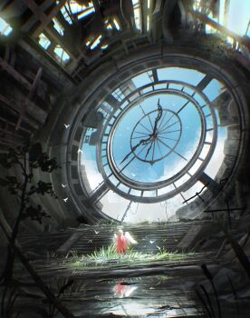 absurdres angel bird blue_sky clock clock_tower cloud commentary dress english_commentary feathered_wings grass halo highres long_hair ogidoge original red_dress ruins scenery sky solo stairs tower white_hair white_wings wings