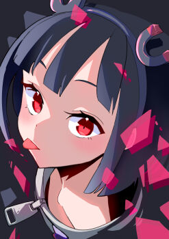 Rule 34 | 1girl, absurdres, black hair, black hairband, commentary, downblouse, english commentary, grey background, hairband, highres, jitomi monoe, looking at viewer, magnet, mukuro669966, red eyes, solo, tongue, tongue out, upper body, virtual youtuber, voms, zipper pull tab