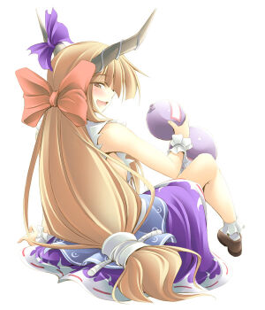 1girl blonde_hair female_focus full_body fuyuwa_kotatsu horns ibuki_suika long_hair ribbon simple_background sitting solo touhou white_background