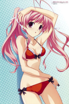 Rule 34 | 1girl, :o, absurdres, alternate hairstyle, antenna hair, arm on own head, arm over head, bikini, blush, breasts, chaos;head, chaos;head love chu chu!, cleavage, frilled bikini, frills, front-tie bikini top, front-tie top, groin, hair ribbon, highres, long hair, matsuo yukihiro, medium breasts, official art, orange bikini, pink eyes, pink hair, red bikini, ribbon, sakihata rimi, science adventure, shiny eyes, side-tie bikini bottom, solo, swimsuit, twintails