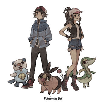 1boy 1girl absurdres baseball_cap black_vest blue_jacket brown_hair cutoffs denim denim_shorts exposed_pocket full_body gen_5_pokemon hands_in_pockets hat high_ponytail highres hilbert_(pokemon) hilda_(pokemon) ichi_kawa_ichi jacket nintendo open_clothes open_vest oshawott pig poke_ball_print pokemon pokemon_(creature) pokemon_bw ponytail seashell shell shorts snivy standing starter_pokemon_trio tepig vest white_background wristband