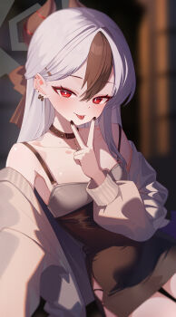 1girl absurdres bare_shoulders black_choker black_dress black_hair black_nails blue_archive bow breasts bright_pupils choker closed_mouth commission cunnilingus_gesture dress ear_piercing earrings gimseol grey_jacket hair_bow halo highres horns jacket jewelry kayoko_(blue_archive) kayoko_(dress)_(blue_archive) long_hair looking_at_viewer mole mole_on_chest multicolored_hair nail_polish off_shoulder official_alternate_costume piercing red_eyes short_dress sleeveless sleeveless_dress small_breasts smile solo spaghetti_strap tongue tongue_out tongue_piercing two-tone_hair v v_over_mouth white_hair