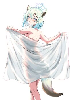 1girl animal_ear_fluff animal_ears aqua_hair bed_sheet blue_archive blue_halo blush breasts closed_mouth commentary_request from_behind halo highres korean_commentary medium_breasts naked_sheet purple_eyes seoyoung7770 shigure_(blue_archive) short_hair smile solo tail weasel_ears weasel_girl weasel_tail