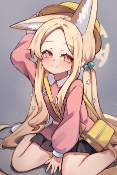 1girl animal_ears bag black_skirt blonde_hair blue_archive closed_mouth cosplay forehead fox_ears fox_girl fox_tail grey_background hair_bobbles hair_ornament halo hat highres kindergarten_uniform kisaki_(blue_archive) kisaki_(blue_archive)_(cosplay) kisaki_(kindergarten_uniform)_(blue_archive) long_hair long_sleeves low_twintails miniskirt miya_(miyaruta) pink_shirt puffy_long_sleeves puffy_sleeves red_eyes school_hat seia_(blue_archive) shirt shoulder_bag sitting skirt smile solo split_mouth tail twintails very_long_hair wariza yellow_bag yellow_halo yellow_hat