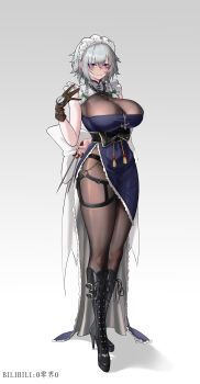1girl \||/ absurdres arm_behind_back black_boots blue_eyes bodystocking boots braid breasts brown_gloves embodiment_of_scarlet_devil full_body gloves grey_hair high_heels highres holding holding_knife izayoi_sakuya jewelry knife large_breasts long_hair looking_at_viewer maid_headdress necklace sleeveless smile solo touhou user_ckkx8884