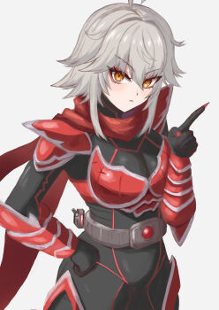 1girl absurdres ahoge armor black_bodysuit bodysuit breasts closed_mouth commentary english_commentary grey_hair highres indie_virtual_youtuber large_breasts looking_at_viewer medium_hair meibin red_armor red_scarf rider_belt scarf solo virtual_youtuber white_background yellow_eyes zentreya zentreya_(cyborg) zentreya_(cyborg)_(zenrider)