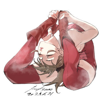 1girl ascot backbend boots breasts brown_hair closed_eyes contortion flexible full_body high_heel_boots high_heels highres leotard nabipenciller original red_ascot red_boots red_leotard red_thighhighs simple_background small_breasts solo thighhighs white_background