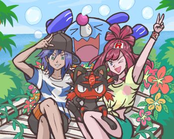 Rule 34 | > <, > o, 1boy, 1girl, arm up, baseball cap, black hat, black shorts, blue hair, blue sky, bracelet, bubble, bush, closed eyes, closed mouth, colored skin, commentary request, cosplay, crossed legs, day, elio (pokemon), elio (pokemon) (cosplay), fangs, flower, gardear058, gen 1 pokemon, gen 2 pokemon, gen 7 pokemon, green eyes, green skirt, hat, james (pokemon), jessie (pokemon), jewelry, leaf, litten, litten (cosplay), meowth, multicolored skin, nintendo, one eye closed, open mouth, outdoors, pink hair, plant, pokemon, pokemon (anime), pokemon (creature), pokemon sm, popplio, popplio (cosplay), selene (pokemon), selene (pokemon) (cosplay), shirt, shorts, sitting, skirt, sky, smile, striped clothes, striped shirt, team rocket, tree, two-tone skin, v, vines, wobbuffet, yellow shirt