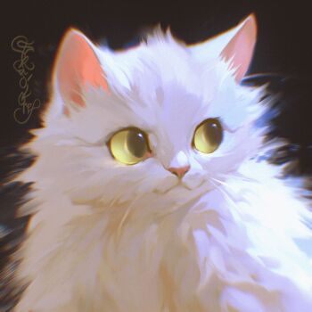 :3 animal_focus animated animated_gif black_background blinking blurry blurry_edges cat chromatic_aberration closed_mouth commentary dilated_pupils english_commentary heavy_chromatic_aberration highres looking_ahead looking_to_the_side looping_animation no_humans original painterly portrait signature simple_background skadivore slit_pupils smile solo whiskers white_cat yellow_eyes