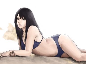1girl arm_rest beach bikini black_eyes black_hair black_nails bleeehrghw bloom blue_bikini blue_panties commentary english_commentary eyebrow_piercing eyelashes face_piercing genderswap genderswap_(mtf) hair_over_shoulder hand_on_own_arm highres ibispaint_(medium) jewelry legs lip_piercing long_hair looking_at_viewer lying naruto_(series) navel necklace nose_piercing on_stomach panties parted_lips piercing sand spiked_bangs swimsuit teeth uchiha_sasuke underwear