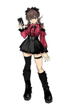 Rule 34 | 1girl, antenna hair, asymmetrical legwear, belt, black boots, black bow, black skirt, black thighhighs, boots, bow, braid, brown eyes, brown hair, cellphone, clothing cutout, commentary, frilled shirt, frills, full body, hair bow, highres, holding, holding phone, ichigaya sumire, jirai kei, looking at viewer, phone, pink shirt, rai rai rai, shirt, shoulder cutout, simple background, single thighhigh, skirt, smartphone, solo, standing, thigh belt, thigh strap, thighhighs, twin braids, white background, yoshiaki kei