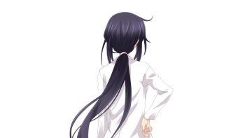 Rule 34 | 1girl, ahoge, chaos;child, from behind, game cg, hand on own hip, highres, kunosato mio, lab coat, long hair, long sidelocks, matsuo yukihiro, non-web source, official art, ponytail, purple hair, science adventure, sidelocks, solo, sprite, transparent background, very long hair