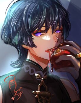 1boy a16850155 absurdres bare_shoulders black_bodysuit black_hair blunt_ends bodysuit bright_pupils choppy_bangs commentary_request covered_collarbone eating eyeliner food fruit genshin_impact gold grey_background highres holding holding_food holding_fruit looking_at_viewer makeup male_focus mandarin_collar portrait purple_eyes red_eyeliner saliva scaramouche_(genshin_impact) sidelighting solo teeth tongue tongue_out tsurime wanderer_(genshin_impact) white_pupils