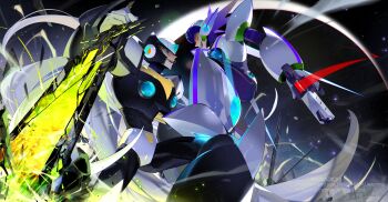 Rule 34 | 2boys, absurdres, axl (mega man), black zero (mega man), blue eyes, chest jewel, forehead jewel, grey hair, gun, highres, holding, holding gun, holding sword, holding weapon, long hair, male focus, mega man (series), mega man x8, mega man x (series), multiple boys, purple hair, red eyes, spiked hair, sword, wawadochi, weapon, white axl (mega man), zero (mega man)