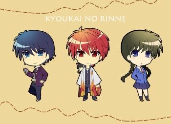 Rule 34 | 1girl, 3boys, belt, black hair, blue eyes, blue hair, blush, braid, breasts, brown background, copyright name, earrings, haori, jacket, juumonji tsubasa, kyoukai no rinne, long hair, mamiya sakura, multiple boys, open mouth, pants, red eyes, red hair, rokudou rinne, rokumon, school uniform, shoes, short hair, skirt, smile, socks