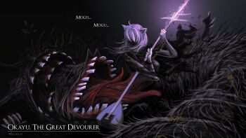 ahoge aldrich_devourer_of_gods aldrich_devourer_of_gods_(cosplay) animal_ears artist_name baloolax bone cat_ears cosplay crossover dark_souls_(series) dark_souls_iii energy_blade english_text highres holding hololive instrument monster nekomata_okayu nested_mouths purple_hair shaded_face shamisen skull virtual_youtuber