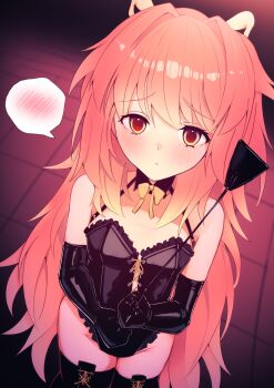 1girl black_gloves bondage_outfit bonnibelle_amai boots breasts dominatrix elbow_gloves gloves hair_intakes highres holding holding_riding_crop horns indie_virtual_youtuber katsuten long_hair looking_at_viewer orange_eyes orange_hair original riding_crop small_breasts solo spoken_blush standing thigh_boots very_long_hair virtual_youtuber