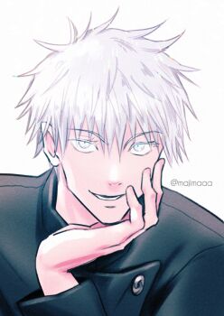 1boy commentary_request film_grain gojou_satoru head_rest jujutsu_kaisen jujutsu_tech_uniform majimaaa male_focus open_mouth portrait simple_background smile solo twitter_username white_background white_eyes white_hair