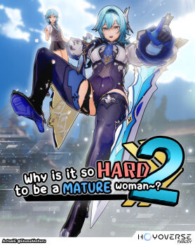 1girl 3d :d actualekusu black_shorts black_thighhighs blue_hair blue_necktie commentary english_text eula_(genshin_impact) genshin_impact high-waist_shorts high_heels highres holding holding_sword holding_weapon multiple_views necktie open_mouth shirt short_hair shorts smile sword thighhighs thighs weapon white_shirt