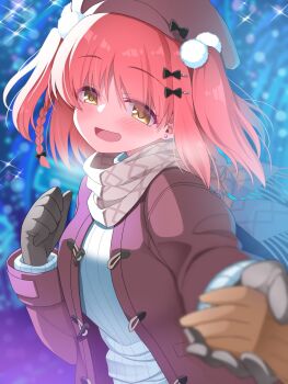 1girl 1other :d backlighting black_bow black_gloves blurry blurry_background blush bow braid breath brown_gloves brown_hat brown_scarf coat commentary_request depth_of_field earrings eyes_visible_through_hair fringe_trim gloves hair_between_eyes hair_bow hair_ornament hairclip happy hat hat_bow highres holding_hands jewelry long_sleeves looking_at_viewer medium_hair open_clothes open_coat open_mouth original outstretched_arm parallel_hairclips pom_pom_(clothes) pom_pom_hair_ornament pov pov_hands red_coat ribbed_sweater scarf single_braid smile solo_focus sparkle stud_earrings sweater tatsuya_(trypaint) turtleneck turtleneck_sweater two_side_up upper_body winter winter_clothes yellow_eyes