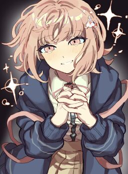 1girl absurdres blush breasts brown_hair collared_shirt danganronpa_(series) danganronpa_2:_goodbye_despair flipped_hair hair_ornament highres hood jacket long_sleeves looking_at_viewer medium_hair nanami_chiaki neck_ribbon open_clothes open_jacket oteage own_hands_clasped own_hands_together pink_eyes pink_ribbon pleated_skirt ribbon shirt skirt smile solo two-tone_shirt white_shirt