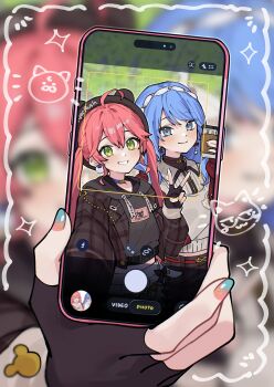 2girls absurdres ahoge animal_ear_headwear black_gloves blue_eyes blue_hair blurry blurry_background blush cellphone commentary_request cup disposable_coffee_cup disposable_cup earrings fake_animal_ears fingerless_gloves gloves gradient_nails green_eyes grin highres holding holding_cup holding_phone hololive hoshimachi_suisei hoshimachi_suisei_(11th_costume) jacket jewelry light_smile multiple_girls nail_polish official_alternate_costume phone pink_hair plaid_clothes plaid_jacket sakura_miko sakura_miko_(micomet) selfie smile tsukino_(nakajimaseiki) v virtual_youtuber