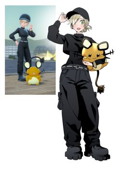 1boy absurdres blonde_hair character_request dedenne gen_6_pokemon green_eyes hair_over_one_eye hat hei_taiyou highres male_focus multiple_boys nintendo open_mouth pants pokemon pokemon_(creature) pokemon_legends:_z-a smile