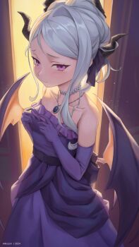 1girl absurdres armpit_crease artist_name bare_shoulders blue_archive breasts collarbone commentary_request demon_horns demon_wings dress elbow_gloves gloves highres hina_(blue_archive) hina_(dress)_(blue_archive) horns index_fingers_together jewelry looking_at_viewer low_wings mikazon necklace official_alternate_costume parted_bangs purple_dress purple_eyes purple_gloves small_breasts solo standing white_hair wings