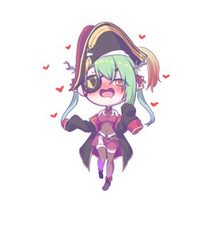 Rule 34 | absurdres, ankle boots, antlers, arm at side, arrow through heart, ascot, belt, bicorne, black coat, black hat, blush, boots, braid, braided bangs, breasts, brooch, brown belt, brown thighhighs, ceres fauna, coat, commentary, cosplay, cropped jacket, double-parted bangs, drooling, english commentary, eyepatch, fold-over boots, full-face blush, full body, gold trim, green hair, hair ribbon, hand up, hat, heart, heart-shaped pupils, highres, hololive, hololive english, horns, houshou marine, houshou marine (1st costume), houshou marine (cosplay), jacket, jewelry, large breasts, leather, leather boots, leotard, leotard under clothes, long hair, miniskirt, mouth drool, off shoulder, open mouth, pirate costume, pirate hat, pleated skirt, red ascot, red jacket, red ribbon, red skirt, ribbon, see-through clothes, see-through leotard, sher (imnotsher), simple background, skirt, sleeveless, sleeveless jacket, symbol-shaped pupils, thighhighs, twintails, virtual youtuber, white background, yellow eyes