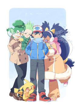 1girl 2boys alternate_costume ash_ketchum axew backpack bag black_hair black_pants blue_jacket blue_scarf brown_bag brown_hair brown_jacket brown_shoes cilan_(pokemon) closed_eyes closed_mouth coat dark-skinned_female dark_skin earmuffs full_body gen_1_pokemon gen_5_pokemon green_eyes green_hair green_scarf hair_between_eyes hands_in_pockets hat highres holding holding_pokemon iris_(pokemon) jacket long_hair looking_at_viewer low-tied_long_hair multiple_boys nintendo on_shoulder open_mouth orange_scarf pansage pants pikachu pink_bag pink_scarf pink_shoes pokemon pokemon_(anime) pokemon_(creature) pokemon_bw_(anime) pokemon_on_shoulder purple_hair red_shoes scarf serizawa_serizane shoes short_hair standing standing_on_one_leg very_long_hair winter_clothes winter_coat