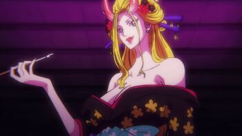 1girl animated animated_gif black_maria_(one_piece) blonde_hair breasts cleavage japanese_clothes kimono large_breasts long_hair one_piece smile smoke smoking_pipe