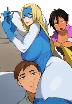 1boy 2girls blonde_blazer blonde_hair blue_eyes blue_leotard breasts brown_eyes brown_hair cape cellphone cleavage dispatch dr_octojuice highres i&#039;m_this_clingy_(meme) invisigal_(dispatch) jacket large_breasts leotard meme multiple_girls on_bed phone pink_jacket robert_robertson shirt smartphone superhero_costume thick_thighs thighs white_background