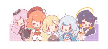 5girls :d ;d absurdres blonde_hair blue_background blunt_bangs blush border chibi chibi_only closed_eyes closed_mouth commentary decrilus english_commentary fang fins fish_tail full_body gawr_gura grey_hair grid_background hair_ornament hat highres hololive hololive_english holomyth long_hair looking_at_viewer mori_calliope multiple_girls necktie ninomae_ina'nis one_eye_closed open_mouth orange_background orange_hair outline outside_border pink_background pink_hair pointy_ears purple_background purple_hair red_hat red_necktie shark_girl shark_hair_ornament shark_tail short_hair sidelocks skin_fang smile standing tail takanashi_kiara tiara virtual_youtuber watson_amelia white_border white_outline yellow_background