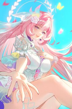 1girl blue_sky breasts bridal_veil commentary cyrene_(honkai:_star_rail) cyrene_(ripples_of_past_reverie)_(honkai:_star_rail) diamond-shaped_pupils diamond_(shape) dress erection halo highres honkai:_star_rail honkai_(series) large_breasts long_hair looking_at_viewer megumi_ml multicolored_hair pink_hair purple_eyes reaching reaching_towards_viewer sky smile solo symbol-only_commentary symbol-shaped_pupils thighs two-tone_hair veil very_long_hair white_dress white_hair