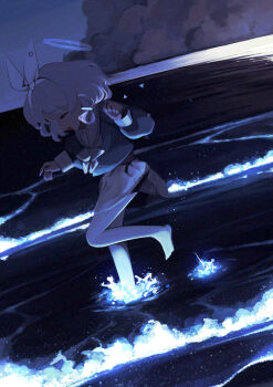 1girl :d arona_(blue_archive) bare_legs barefoot bioluminescence blue_archive blue_hair blue_halo blue_shirt bow bow_hairband bowtie closed_eyes cloud commentary_request curled_fingers dim_lighting dutch_angle facing_down figure_four_standing from_side full_body glowing hair_bow hairband halo hands_up happy highres leg_up long_sleeves medium_hair miniskirt night ocean open_mouth outdoors profile rotroto sailor_collar shirt skirt smile solo standing standing_on_one_leg wading white_bow white_bowtie white_hairband white_sailor_collar white_skirt