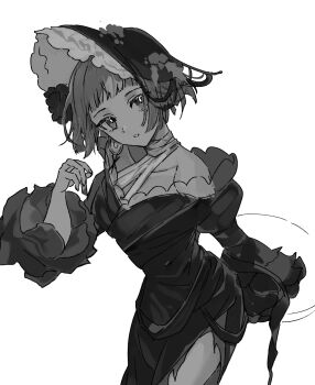 1girl absurdres azumame_tetora bare_shoulders blunt_bangs bob_cut commentary_request cowboy_shot dress greyscale hand_up hat highres juliet_sleeves leaning_forward long_sleeves looking_at_viewer mercuria_(reverse:1999) monochrome off-shoulder_dress off_shoulder official_alternate_costume parted_lips puffy_sleeves reverse:1999 short_hair side_slit solo white_background