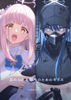2girls :d assault_rifle baseball_cap black_hair black_headwear black_mask black_shirt blue_archive blue_bow blue_bowtie blue_eyes bow bowtie breasts buttons capelet chest_harness coat commentary_request covered_mouth crop_top dirty dirty_clothes double-breasted dress evil_smile finger_on_trigger flower frilled_dress frills gun hair_flower hair_ornament halo harness hat head_tilt holding holding_gun holding_weapon lanchester_smg long_hair looking_at_viewer mask medium_breasts midriff mika_(blue_archive) mouth_mask multiple_girls natsumachisan natsumachisan off_shoulder open_mouth pink_hair rifle saori_(blue_archive) shirt shotgun sidelocks sig_516 sig_sauer sleeveless sleeveless_dress sleeveless_shirt small_breasts smile split_screen spoilers standing submachine_gun teeth translation_request twitter_username upper_body upper_teeth_only very_long_hair weapon white_capelet white_coat white_dress yellow_eyes
