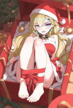 1girl bare_legs bare_shoulders barefoot bdsm bell blonde_hair blue_eyes blush bondage bound bound_legs bow bowtie box breasts christmas christmas_ornaments christmas_tree cleavage convenient_censoring dress earrings full_body fur-trimmed_dress fur-trimmed_headwear fur_collar fur_trim gift gift_box green_bow green_bowtie hair_ornament hairclip hat highres in_box in_container jewelry legs_up long_hair looking_at_viewer lying lynae_(wuthering_waves) medium_breasts neck_bell on_back open_mouth red_dress red_hat red_ribbon ribbon ribbon_bondage santa_costume santa_dress santa_hat silvertina skull_hair_ornament solo strapless strapless_dress v-shaped_eyebrows very_long_hair wuthering_waves