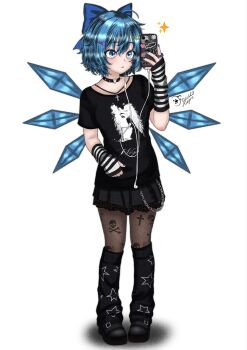 1girl :t alternate_costume black_boots black_leg_warmers black_shirt black_skirt blue_bow blue_eyes blue_hair blue_nails boots bow cellphone chain choker cirno commentary contemporary cross cross_necklace detached_sleeves earbuds earphones fingerless_gloves fishnet_pantyhose fishnets full_body glitched_satellite gloves hair_ornament hairclip heart highres holding holding_phone ice ice_wings jewelry leg_warmers necklace pantyhose phone phone_request power_item_(touhou) shirt short_hair signature skirt skull_print smartphone solo star_(symbol) star_hair_ornament star_print striped_sleeves touhou untranslatable_commentary white_background wings wisp_(musician)