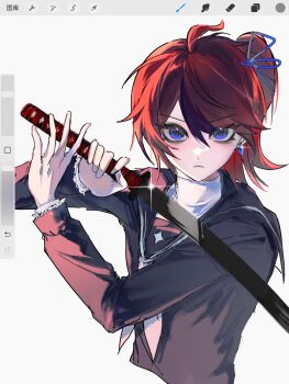 1girl ahoge bags_under_eyes black_hair black_shirt blue_eyes blue_ribbon blush chinese_commentary closed_mouth commentary_request dingli earrings fighting_stance genderswap genderswap_(mtf) glint hair_ribbon highres holding holding_sword holding_weapon jewelry katana last_defense_academy_school_uniform long_sleeves looking_at_viewer medium_hair multicolored_hair neckerchief ox_guard procreate_(medium) procreate_(software) red_hair red_neckerchief ribbon sailor_collar sailor_shirt school_uniform shirt side_ponytail simple_background solo streaked_hair sumino_takumi sword the_hundred_line_-last_defense_academy- tsurime turtleneck two-tone_hair weapon white_background