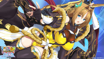 1girl :d anniversary arm_up blue_eyes breasts brown_hair choukou_(alicesoft) choukou_sennin_haruka choukou_taisen_escalation_heroines dagger fingerless_gloves gloves highres holding holding_dagger holding_knife holding_weapon knife large_breasts ninja official_art onigirikun open_mouth outstretched_arm rope_belt smile solo takamori_haruka weapon