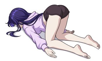 1girl alternate_costume ass ass_focus barefoot bent_over blunt_bangs braid closed_mouth commentary defeat english_commentary full_body genshin_impact glasses gradient_hair highres hood hood_down hoodie long_hair long_sleeves multicolored_hair prickly-chan_(ycactussprout) purple_hair purple_hoodie raiden_shogun raiden_shogun_(2nd_anniversary) shade short_shorts shorts simple_background single_braid solo streaked_hair white_background