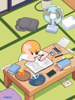 1girl animated animated_gif bag blonde_hair blue_eyes book closed_eyes cup cushion drinking_glass electric_fan folded_clothes hand_fan hand_on_own_head highres homework indoors kawawagi lying original outstretched_arms pixel_art shirt short_hair sitting solo spread_arms t-shirt table tatami unworn_bag white_shirt writing