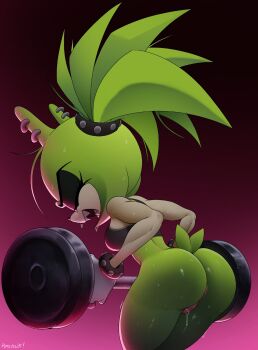 1girl animal_ears animal_nose anus artist_name ass barbell biceps bracelet breasts closed_eyes commentary dripping earrings english_commentary exercising furry furry_female gloves green_fur green_hair highres jewelry medium_breasts muscular muscular_female p0stalk ponytail pussy sharp_teeth short_tail sonic_(series) sonic_the_hedgehog_(idw) sports_bra studded_bracelet studded_headband surge_the_tenrec sweat tail teeth tenrec_girl training weightlifting white_gloves