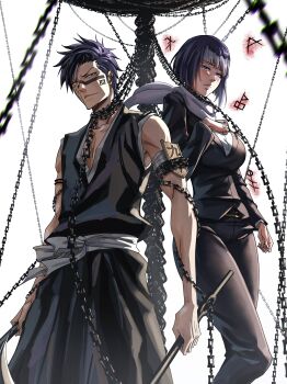 1boy 1girl absurdres badge bankai bare_shoulders bleach bleach:_can't_fear_your_own_world blush breasts chain collarbone commission facial_mark fukutaichou_badge highres hisagi_shuuhei holding holding_weapon japanese_clothes kazeshini_fushi_no_kojyo_(bankai) large_breasts medium_hair michibane_aura pants purple_hair ririvart scar scar_on_face scarf shihakusho short_hair simple_background weapon white_background